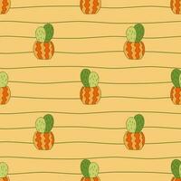Cute cactuses in ceramic pots seamless pattern. Thin wavy lines background. Cozy doodle hand drawn house plants print. Perfect for linen decor home textile. Vector illustration.