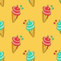 Funny bright icecream seamless pattern. Colorful ice cream in waffle cone with cherry topping. Cold summer sweets background for print birthday decor textile party vector illustration