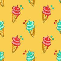 Funny bright icecream seamless pattern. Colorful ice cream in waffle cone with cherry topping. Cold summer sweets background for print birthday decor textile party vector illustration