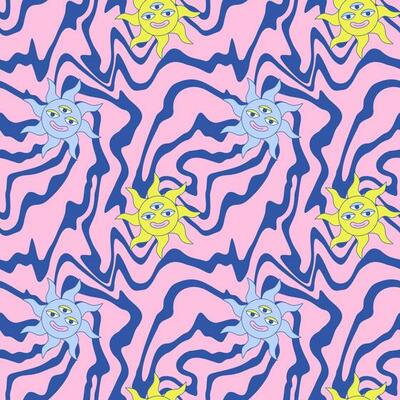 Groovy third eyed sun and moon on swirl lines distorted background. Psychedelic y2k retro magic seamless pattern. Hippie vintage vibe funky wrapping paper textile cover decor. Vector illustration.