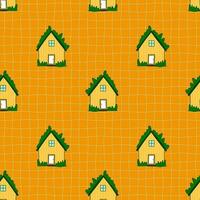 Islandia cute rustic houses simple seamless pattern. Bright green yellow nordic house with grass roof on grid backgroud. Little cozy houses childish scandinavian print. Vector illustration.