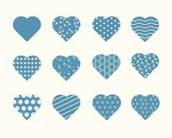 Vector set of blue pattern hearts.