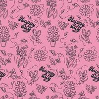 Positive hand drawn cartoon seamless pattern on pink background. Retro outline doodle elements with text Happy day and floral elements. Ideal for background, print, wallpaper, cover, wrapping, textile vector
