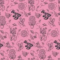 Positive hand drawn cartoon seamless pattern on pink background. Retro outline doodle elements with text Happy day and floral elements. Ideal for background, print, wallpaper, cover, wrapping, textile vector