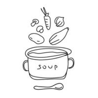 Doodle of soup with vegetables in a pot. Vector illustration hand drawn sketch of soup in a pot isolated on white background