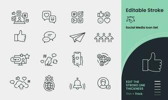 Social Media Icon collection containing 16 editable stroke icons. Perfect for logos, stats and infographics. Change the thickness of the line in any vector capable app.