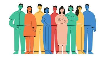 Abstract people community, coworkers or friends are standing, hugging together. Set of colored flat vector illustration isolated on white background.