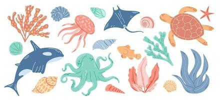 grupo de mar animales y agua plantas. submarino habitantes colocar. moderno mano dibujado plano ilustración en blanco antecedentes. vector