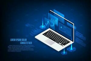 Vector isometric laptop with stock chart concept. Technology business.