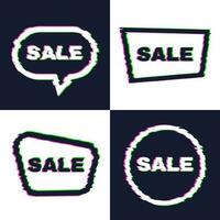 Set of four distorted glitch sale banners with error effect on the edges and in text. Vector illustration.