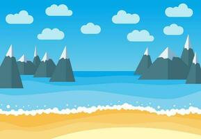 Vector landscape with summer beach and rocks. Waves of the sandy beach, blue sky, sea and mountains. Landscape vector illustration.