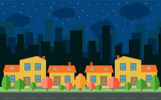 Vector night city with four cartoon houses and buildings. City space with road on flat style background concept. Summer urban landscape. Street view with cityscape on a background