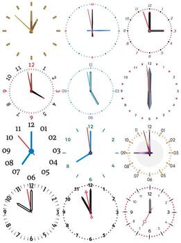 A set of different mechanical clocks with an image of each of the twelve hours. Clock face on white background. vector
