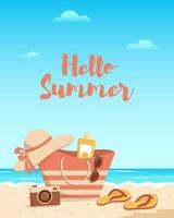 Hello Summer. Beach bag, sunscreen, camera, sunglasses, hat and flip flops on the sand. Flat vector illustration. Sea holiday concept