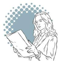 Pop art lineart illustration of a female office worker reading papers. vector
