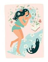 Pretty woman sleeping in bed. Self care, self love, harmony. Isolated illustration. vector