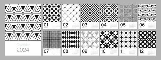 Calendar template for 2024. Vertical design with black and white retro geometric ornaments. Editable illustration page template A4, A3, set of 12 months with cover. Vector mesh. Week starts on Monday.