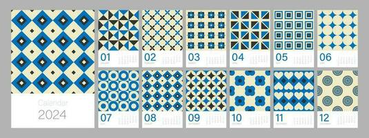 Calendar template for 2024. Vertical design with bright colorful retro geometric ornaments. Editable illustration page template A4, A3, set of 12 months with cover. Vector mesh. Week starts on Sunday.
