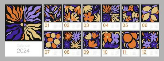 Floral calendar template for 2024. Vertical design with bright colorful flowers and leaves. Editable illustration page template A4, A3, set of 12 months with cover. Vector mesh. Week starts on Sunday.