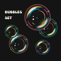 Set of foam soap bubbles on black background in vintage style. Vector colorful illustration.