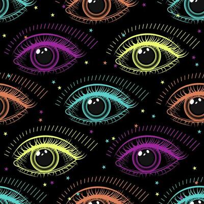 Pattern with human eye. Concept of all seeing eye, harmony of universe, wisdom, knowledge, extended mind. Colorful psychedelic surreal illustration. Good for groovy, hippie, mystical style.