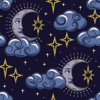 sin costura modelo con creciente Luna con rostro, estrellas, nubes mitológico cuento de hadas personaje, fantasía, místico concepto. bueno para vestir, tela, textil, niños diseño. vector