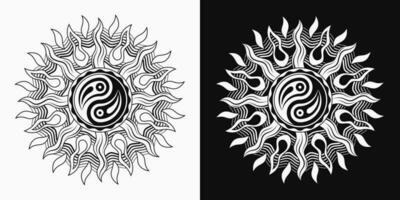 Sun with ying yang symbol. Concept of harmony and balance. Monochrome illustration in vintage style on white, black background. Solar sign, alchemy and astrology symbol. Good for groovy, hippie style vector