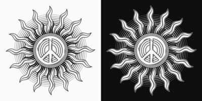 Sun with peace sign. Solar sign for groovy, hippie style. Vector illustration in vintage style on black, white background. Good for groovy, hippie style