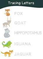 Tracing the animal names for preschool children. Practicing the writing for early age children. Printable and colourful worksheet. Vector file.