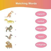 Matching words with pictures Matching words game for kids. Educational printable game cards. Animals collections. Preschool Education. Vector illustration.