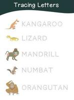 Tracing the animal names for preschool children. Practicing the writing for early age children. Printable and colourful worksheet. Vector file.
