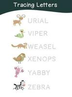 Tracing the animal names for preschool children. Practicing the writing for early age children. Printable and colourful worksheet. Vector file.