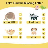 Word game sheet. Complete the words. Find missing letter. Printable worksheet for children. Vector illustration.