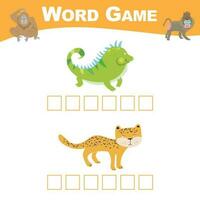 Word game sheet. Complete the words. Animals Theme Names Worksheet. Educational activity for preschool kids. Vector illustration.