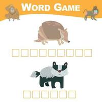 Word game sheet. Complete the words. Animals Theme Names Worksheet. Educational activity for preschool kids. Vector illustration.