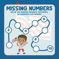 Missing numbers. Write the answer correctly. Educational printable math worksheet. Count and write activity. Counting practice. Vector file.