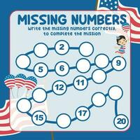 Missing numbers. Write the answer correctly. Educational printable math worksheet. Count and write activity. Counting practice. Vector file.