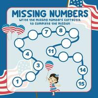 Missing numbers. Write the answer correctly. Educational printable math worksheet. Count and write activity. Counting practice. Vector file.