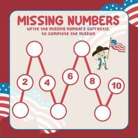 Missing numbers. Write the answer correctly. Educational printable math worksheet. Count and write activity. Counting practice. Vector file.