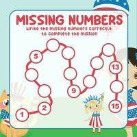 Missing numbers. Write the answer correctly. Educational printable math worksheet. Count and write activity. Counting practice. Vector file.