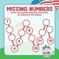 Missing numbers. Write the answer correctly. Educational printable math worksheet. Count and write activity. Counting practice. Vector file.