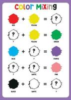 Mixing color worksheet. Learning about color. Educational sheet for preschool. Vector illustration.