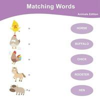 Matching words worksheet. Farm animal theme worksheet. Matching words with images using funny farm animals for kids. Vector illustration.