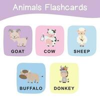 linda tarjeta de memoria flash de animal granja. educativo imprimible juego tarjetas vistoso imprimible tarjetas didácticas vector ilustración.