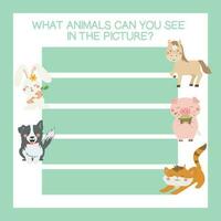 What animals can you see in the picture worksheet. Cute printable template. Preschool Education. Vector illustration.