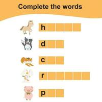 Complete the words. Worksheet for preschool. Writing practice. Vector illustration.