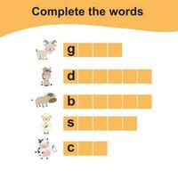 Complete the words. Worksheet for preschool. Writing practice. Vector illustration.