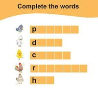 Complete the words. Worksheet for preschool. Writing practice. Vector illustration.