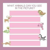 What animals can you see in the picture worksheet. Cute printable template. Preschool Education. Vector illustration.