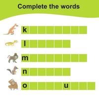 Complete the words worksheet. Animals Theme Names Worksheet. Educational activity for preschool kids. Vector illustration.